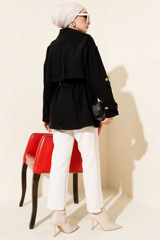 Trench-coat en denim noir avec épaulettes et ceinture