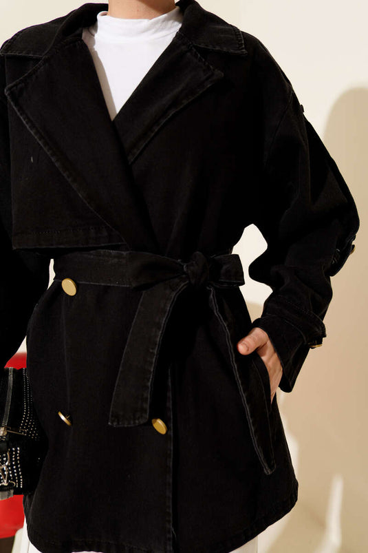 Trench-coat en denim noir avec épaulettes et ceinture