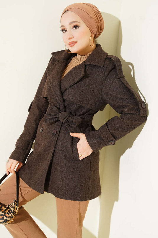 Short Cashmere Coat with Sleeve Epaulets, Dark Brown