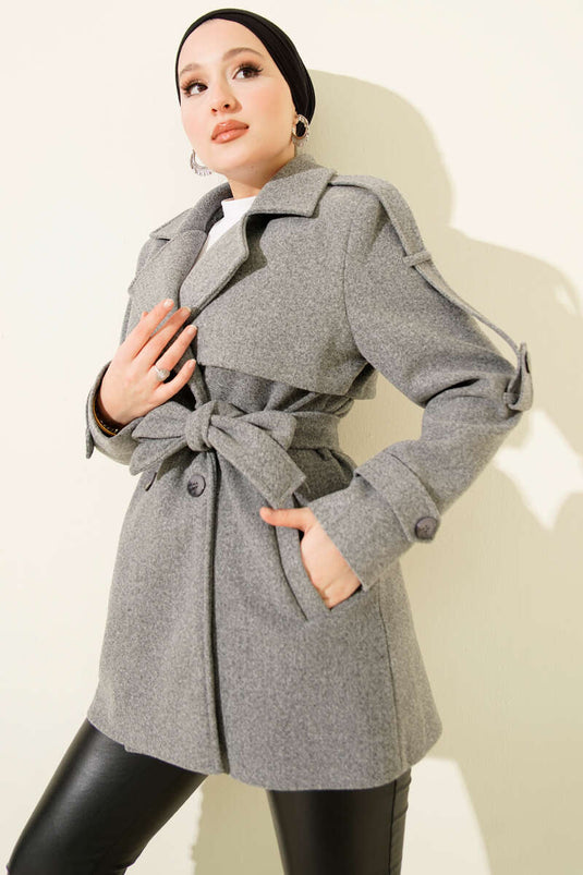 Short, Patchwork Cashmere Coat with Sleeve Epaulets, Smoke Grey