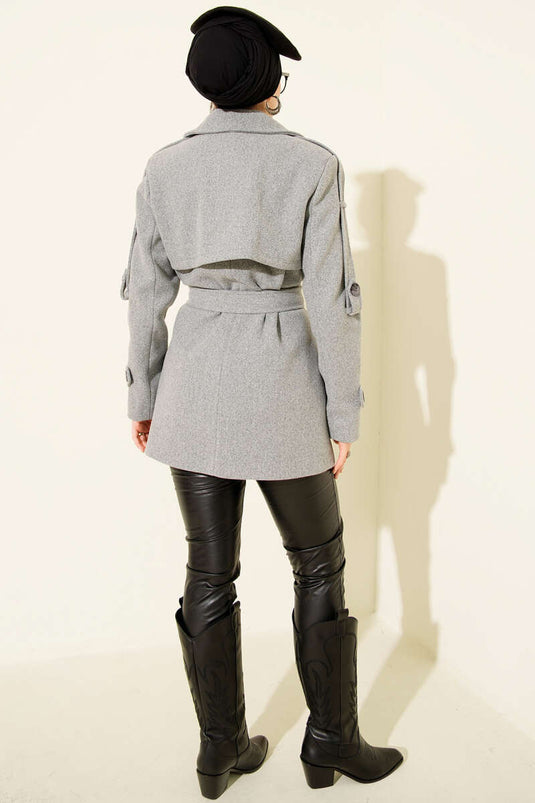 Short, Patchwork Cashmere Coat with Sleeve Epaulets, Grey