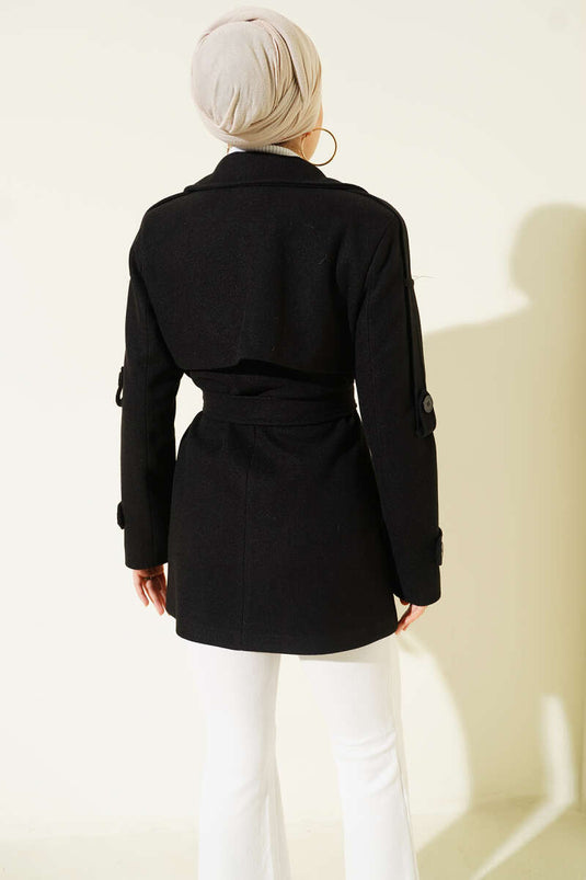 Black Short Cashmere Coat with Sleeve Epaulets