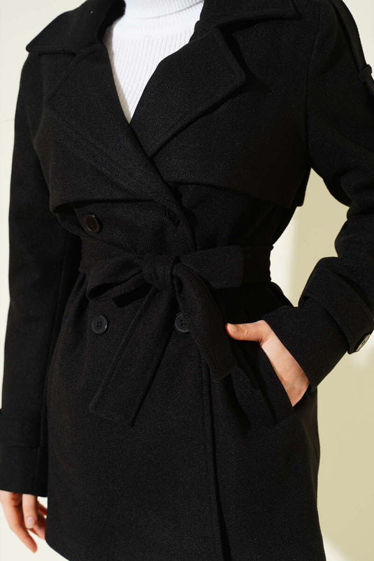 Black Short Cashmere Coat with Sleeve Epaulets