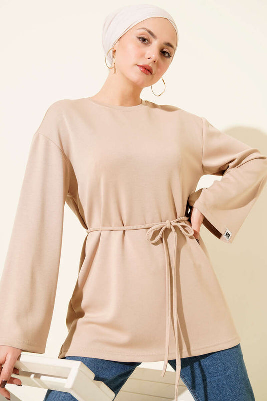 Sleeve Emblem Loisha Tunic with Rope Belt, Beige