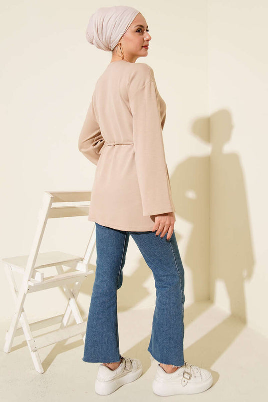 Sleeve Emblem Loisha Tunic with Rope Belt, Beige