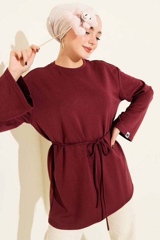 Sleeve Emblem Loisha Tunic with Drawstring Belt, Burgundy