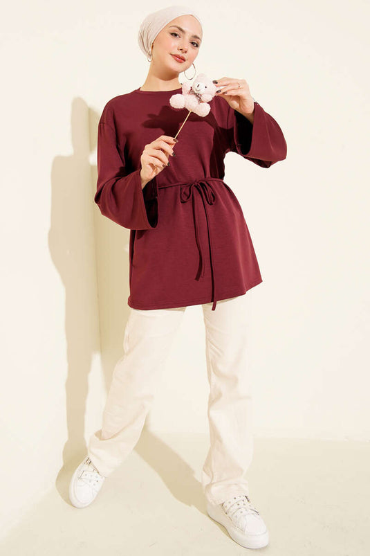 Sleeve Emblem Loisha Tunic with Drawstring Belt, Burgundy