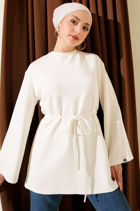 Tuniek met Kolarm en Koordceintuur Ecru