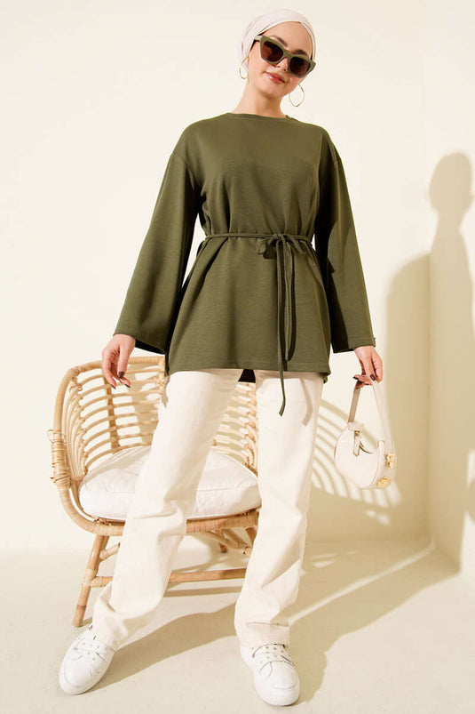 Sleeve Emblem Loisha Tunic with Rope Belt, Khaki