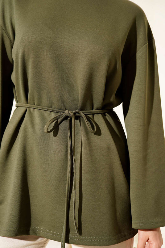 Sleeve Emblem Loisha Tunic with Rope Belt, Khaki