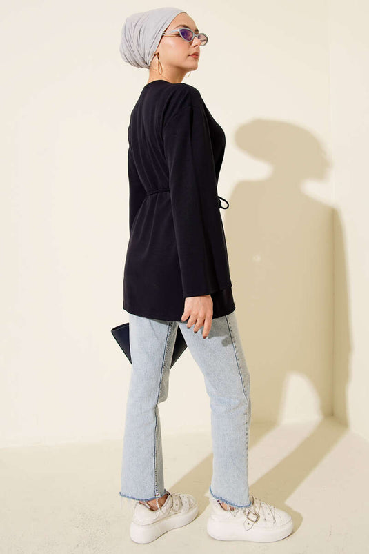 Sleeve Emblem Loisha Tunic with Rope Belt, Navy Blue