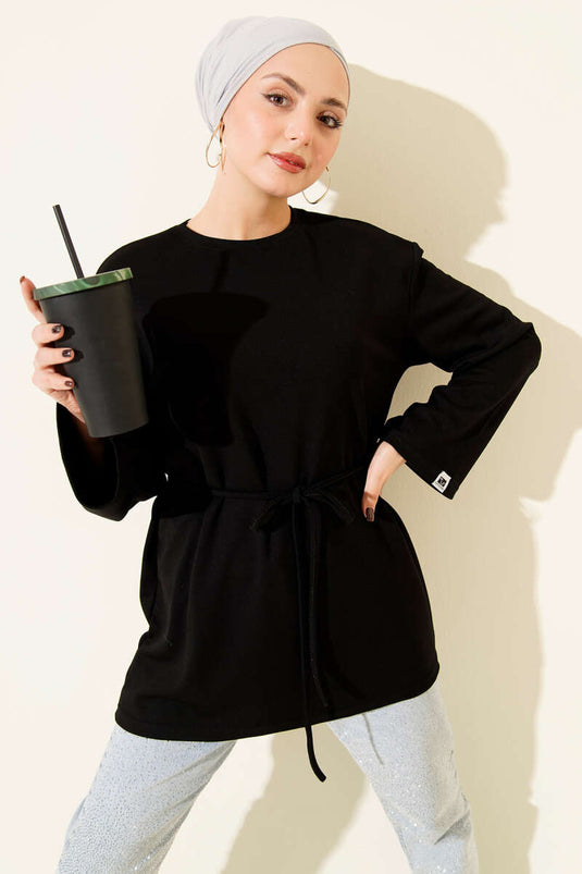 Sleeve Emblem Loisha Tunic with Drawstring Belt, Black
