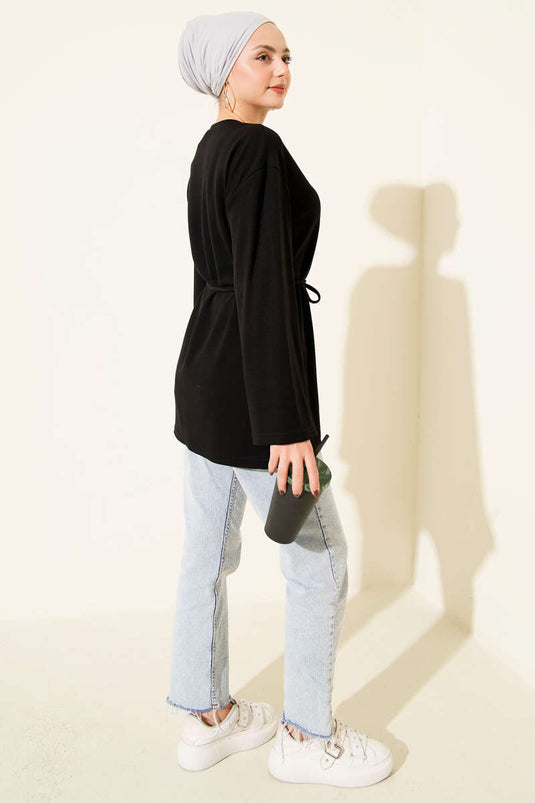 Sleeve Emblem Loisha Tunic with Drawstring Belt, Black