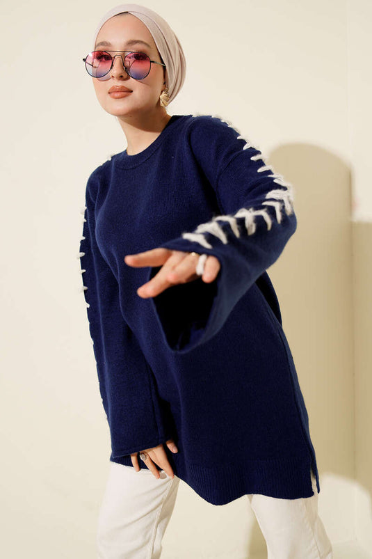 Knit Tunic with Sleeve Lace Detail, Navy Blue