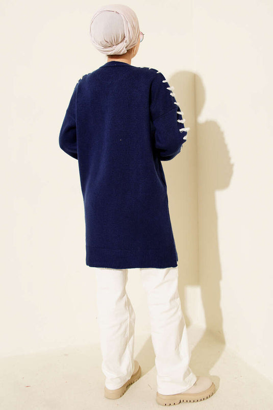 Knit Tunic with Sleeve Lace Detail, Navy Blue