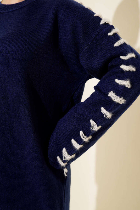 Knit Tunic with Sleeve Lace Detail, Navy Blue