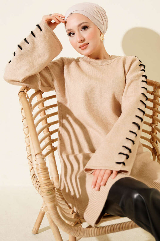 Kol Bağcık Detaylı Triko Tunik Latte