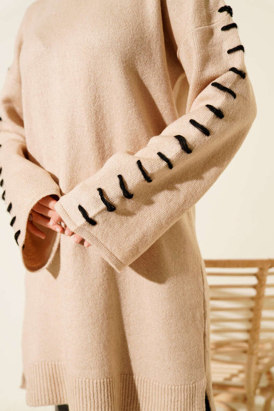 Kol Bağcık Detaylı Triko Tunik Latte