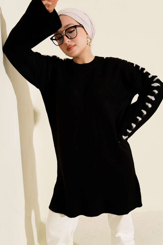 Knit Tunic with Sleeve Lace Detail, Black