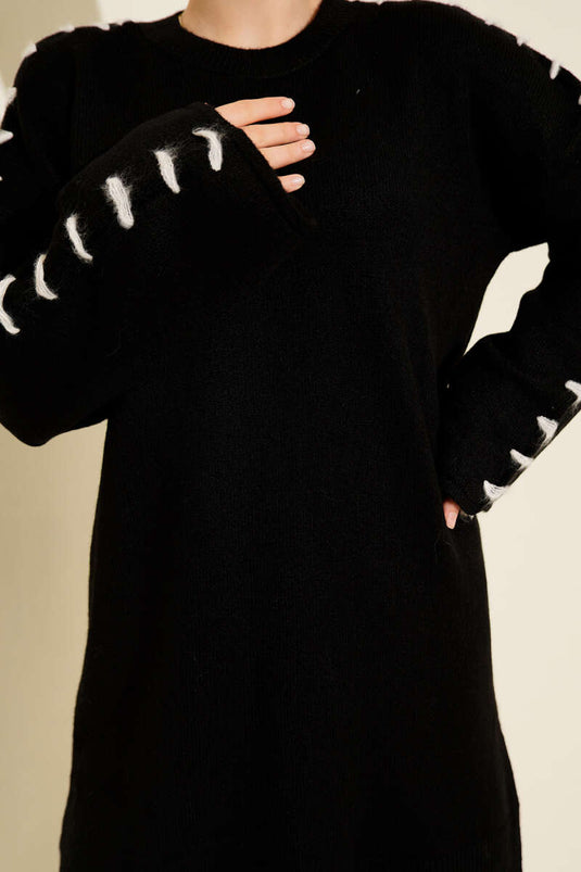 Knit Tunic with Sleeve Lace Detail, Black