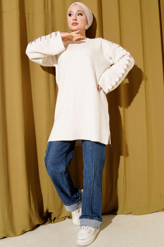 Knitted Tunic with Sleeve Lace Detail and Stone