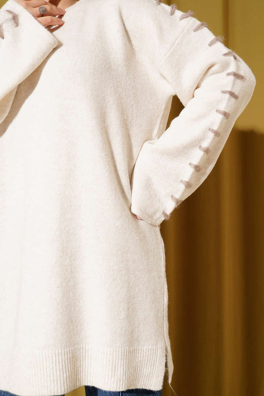 Knitted Tunic with Sleeve Lace Detail and Stone