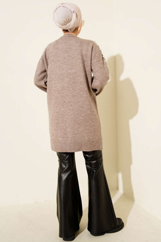 Knitted Tunic with Sleeve Lace Detail in Mink