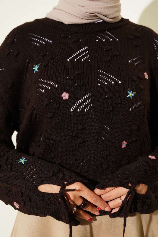 Pull en maille à broderies florales et cordon de serrage aux manches, marron café