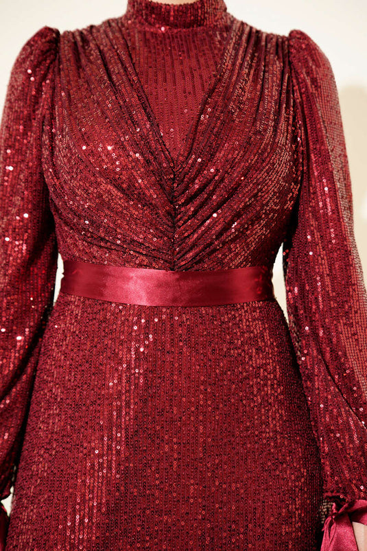 Sleeve Lace Sequin Evening Dress Burgundy