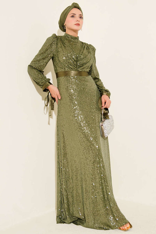 Sleeve Lace Sequin Evening Dress Khaki