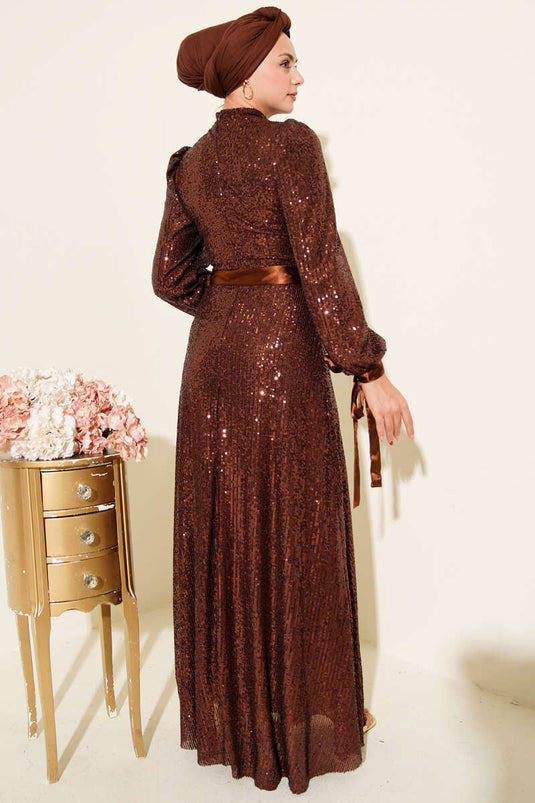 Robe de soirée marron à manches en dentelle et paillettes