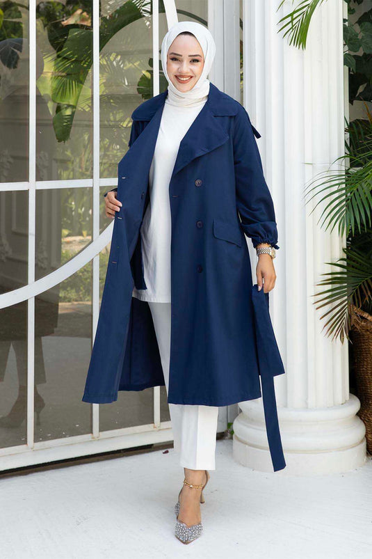 Laced Mobile Belted Trench Coat Navy Blue