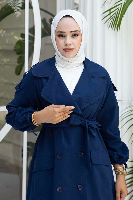 Laced Mobile Belted Trench Coat Navy Blue