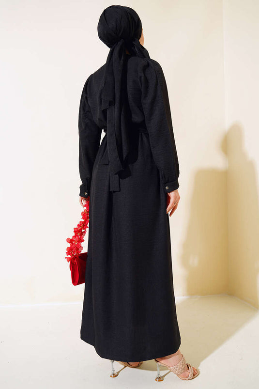 Buttoned Cuff Linen Dress Black