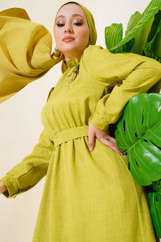 Robe Boutonnée En Lin Vert Pétrole