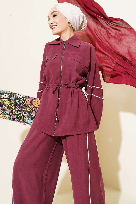 Ensemble double en tensel bordeaux avec ceinture à cordon et taille élastique