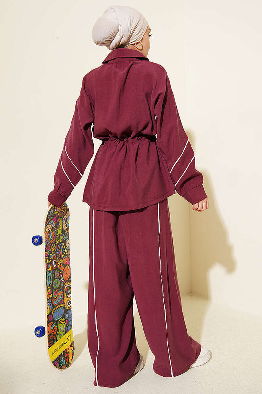 Ensemble double en tensel bordeaux avec ceinture à cordon et taille élastique