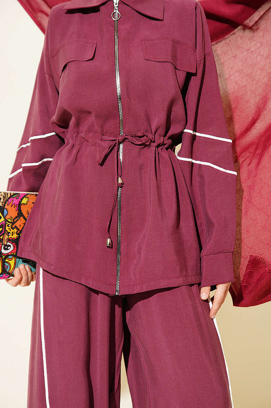 Ensemble double en tensel bordeaux avec ceinture à cordon et taille élastique