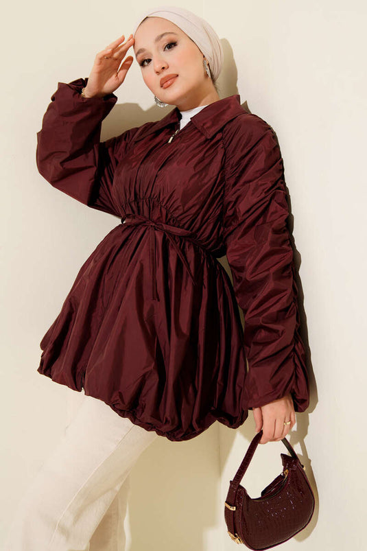 Zippered Trench Coat with Gathered Sleeves, Burgundy
