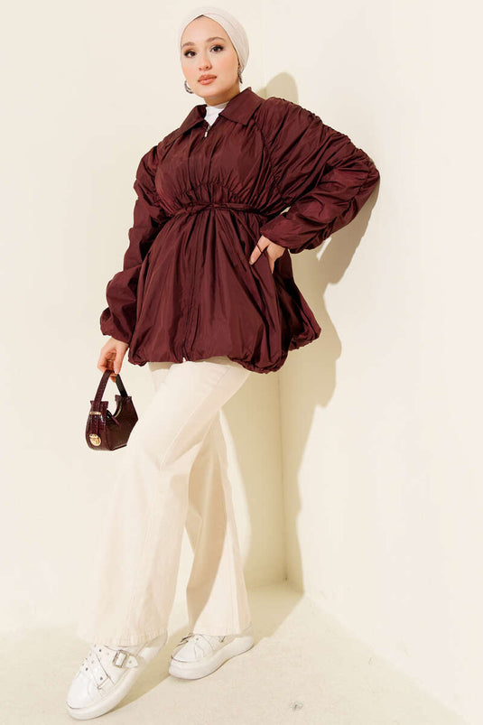 Trench-coat zippé à manches froncées, bordeaux