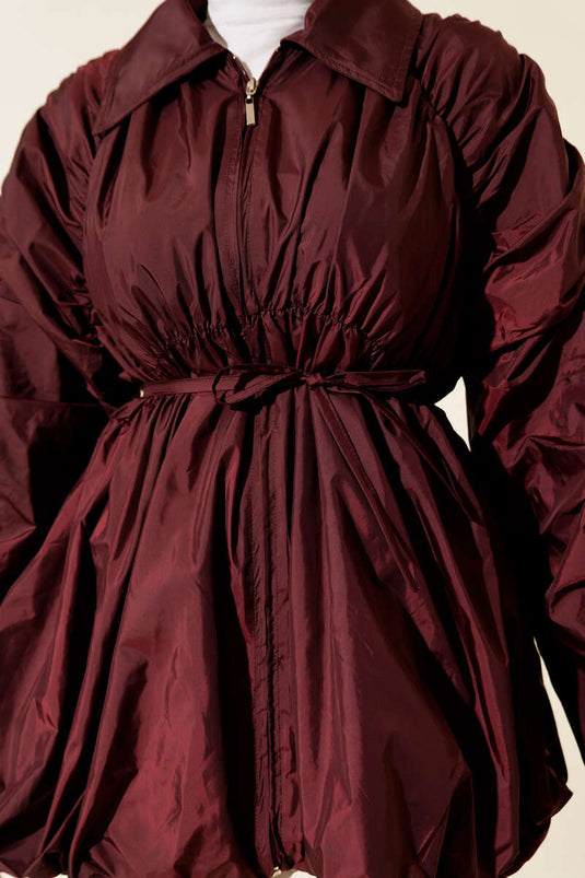 Zippered Trench Coat with Gathered Sleeves, Burgundy
