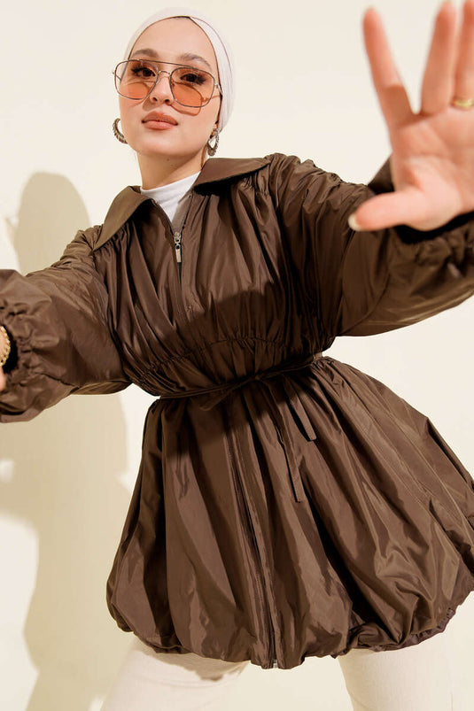 Zippered Trench Coat with Gathered Sleeves, Brown