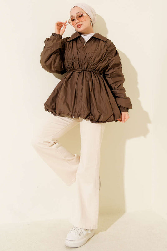 Trench-coat zippé à manches froncées, marron