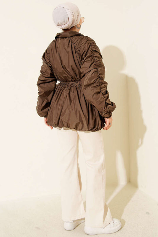 Trench-coat zippé à manches froncées, marron