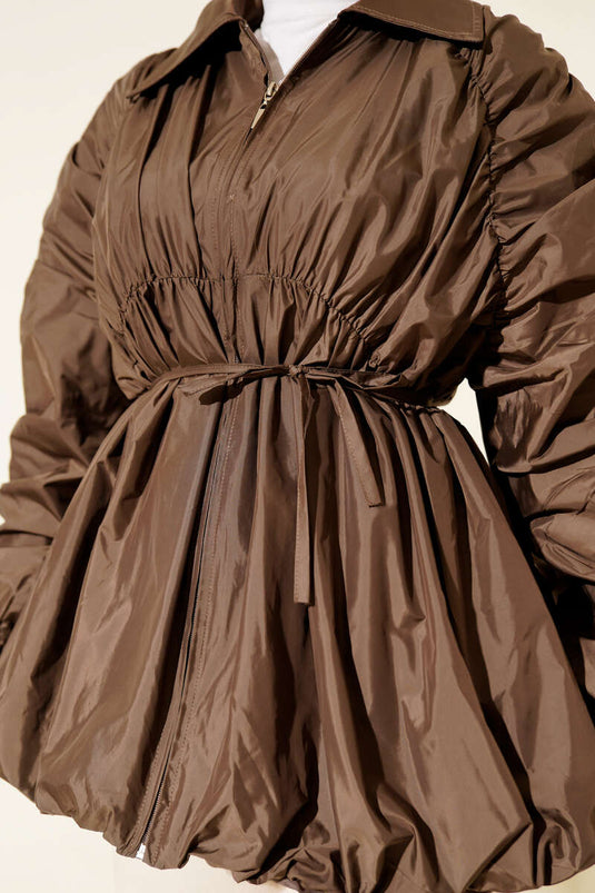 Zippered Trench Coat with Gathered Sleeves, Brown