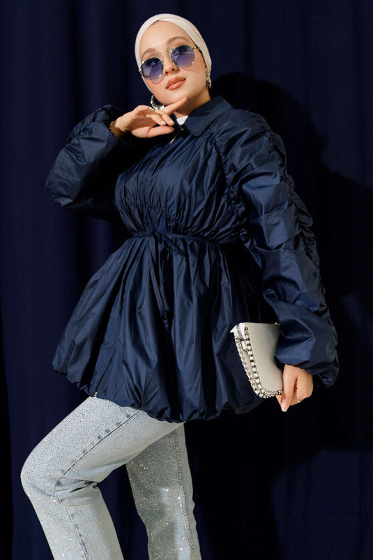 Trench-coat bleu marine à manches froncées et fermeture éclair