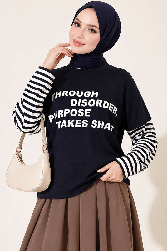 Gestreepte Gebreide Sweatshirt In Navy Blauw