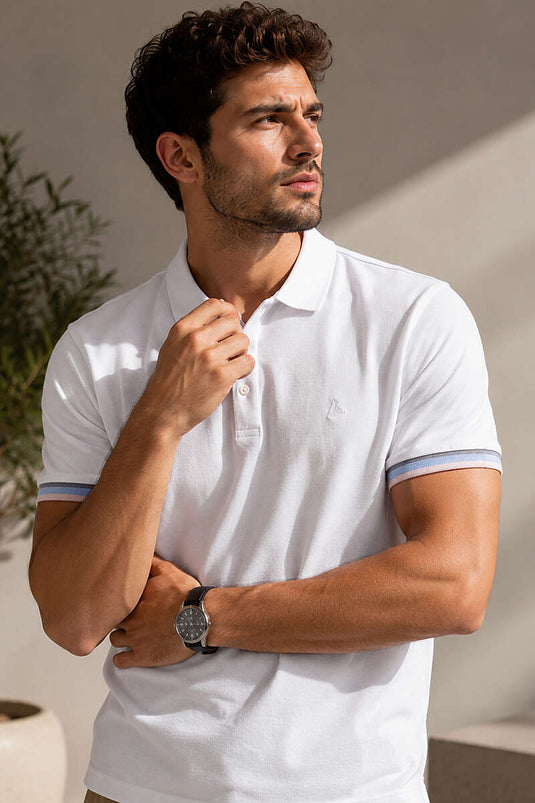 T-shirt homme blanc à manches longues rayées avec col polo et boutons