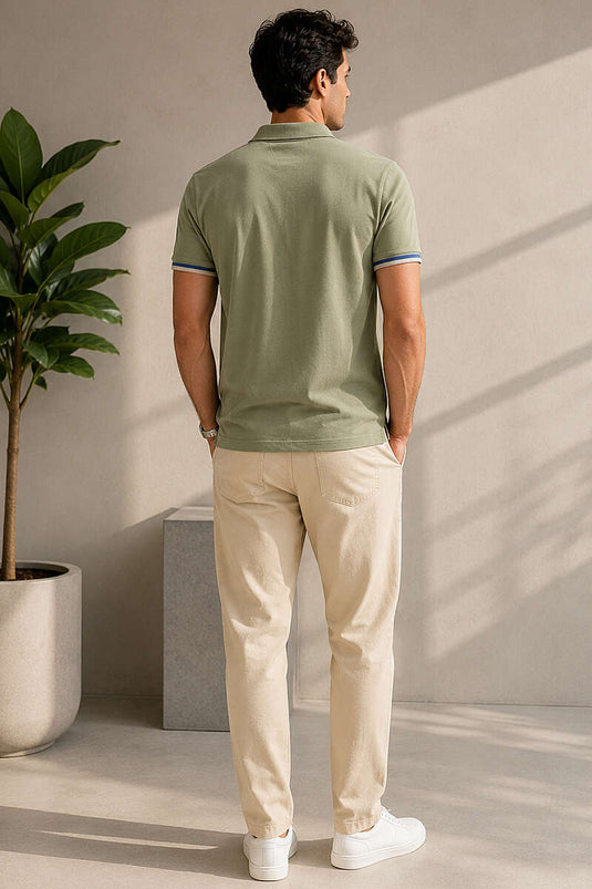 T-shirt homme kaki à manches longues, col polo avec boutons