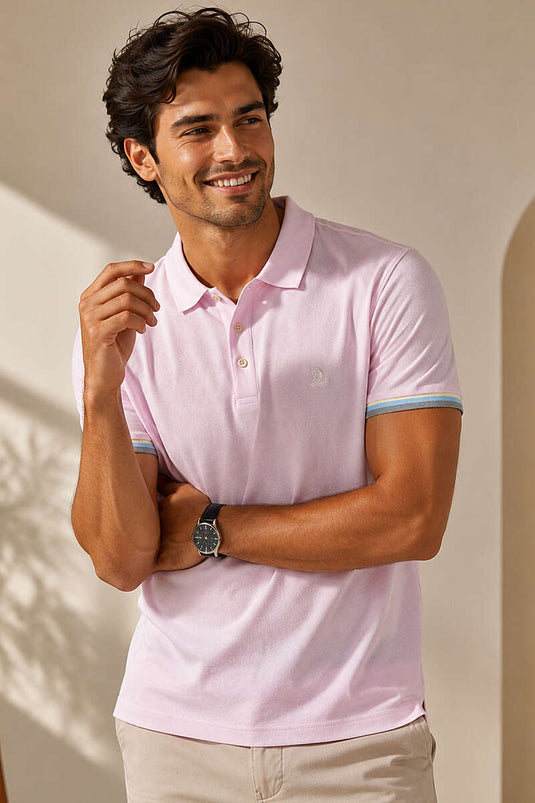 T-shirt homme à manches longues rayé avec col polo et boutons, rose